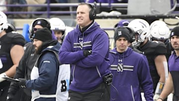 Nov 23, 2019; Evanston, IL, USA; Northwestern Wildcats head coach Pat Fitzgerald stands on the sidelines in a game against the Minnesota Golden Gophers during the first half at Ryan Field. Mandatory Credit: David Banks-Imagn Images