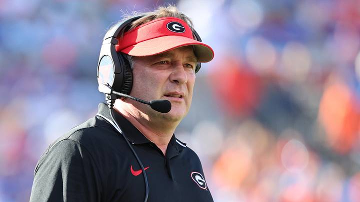 Oct 28, 2023; Jacksonville, Florida, USA; Georgia Bulldogs head coach Kirby Smart looks on during the first half against the Florida Gators at EverBank Stadium. Mandatory Credit: Kim Klement Neitzel-Imagn Images
