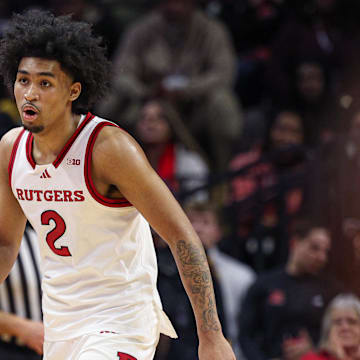 Mar 9, 2025; Piscataway, New Jersey, USA; Rutgers Scarlet Knights guard Dylan Harper (2) in action during overtime against the Minnesota Golden Gophers at Jersey Mike's Arena.