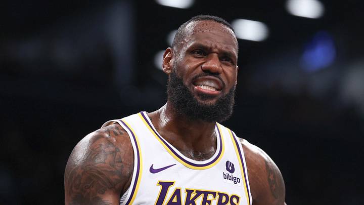 Mar 31, 2024; Brooklyn, New York, USA; Los Angeles Lakers forward LeBron James (23) reacts during the first half against the Brooklyn Nets at Barclays Center. Mandatory Credit: Vincent Carchietta-USA TODAY Sports
