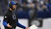 Jan 5, 2025; Indianapolis, Indiana, USA; Indianapolis Colts head coach Shane Steichen reacts to a call during the second half against the Jacksonville Jaguars at Lucas Oil Stadium. Mandatory Credit: Marc Lebryk-Imagn Images