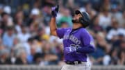 Jul 31, 2021; San Diego, California, USA; Colorado Rockies catcher Elias Diaz (35) gestures after hitting a home run against the San Diego Padres during the fifth inning at Petco Park. Mandatory Credit: Orlando Ramirez-USA TODAY Sports