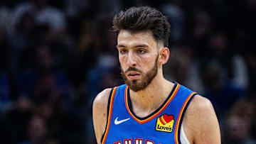 Oct 23, 2025; Indianapolis, Indiana, USA;  Oklahoma City Thunder center Chet Holmgren (7) in the first half against the Indiana Pacers at Gainbridge Fieldhouse. Mandatory Credit: Trevor Ruszkowski-Imagn Images