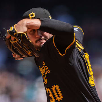 Jul 6, 2025; Seattle, Washington, USA; Pittsburgh Pirates starter Paul Skenes (30) delivers a pitch during the third inning against the Seattle Mariners at T-Mobile Park. Mandatory Credit: Stephen Brashear-Imagn Images