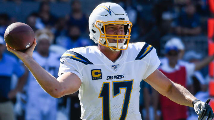Sep 8, 2019; Carson, CA, USA; Los Angeles Chargers quarterback Philip Rivers (17) throws a pass during overtime in the Chargers 30-26 win over the Indianapolis Colts at Dignity Health Sports Park. Mandatory Credit: Robert Hanashiro-USA TODAY Sports