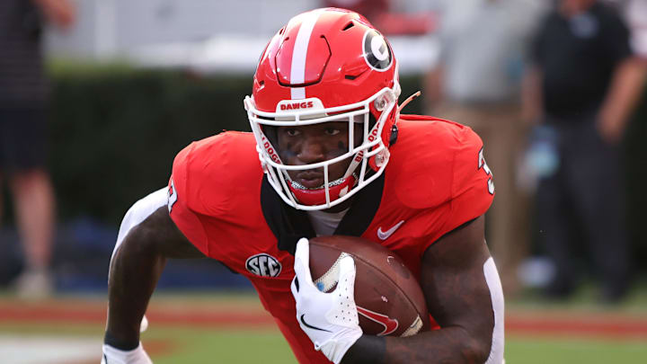 Sep 27, 2025; Athens, Georgia, USA; Georgia Bulldogs running back Nate Frazier (3) warms up before the game against the Alabama Crimson Tide at Sanford Stadium. Mandatory Credit: Brett Davis-Imagn Images