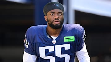 Aug 2, 2023; Foxborough, MA, USA; New England Patriots linebacker Josh Uche (55) heads to the practice fields at Gillette Stadium. 