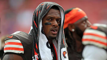 Cleveland Browns quarterback Deshaun Watson heads back to the locker room with his teammates before an NFL football game at Huntington Bank Field, Sunday, Sept. 22, 2024, in Cleveland, Ohio.