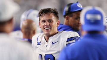 Jake Retzlaff smiles from the sidelines as BYU takes care of business against Kansas State.