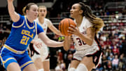 Feb 20, 2023; Stanford, California, USA;  UCLA Bruins forward Lina Sontag (21) defends Stanford Cardinal guard Haley Jones (30) during the first half at Maples Pavilion. Mandatory Credit: John Hefti-Imagn Images