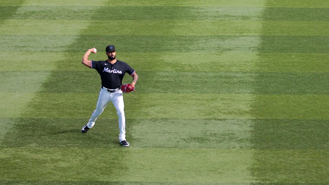 Sep 26, 2025; Miami, Florida, USA; Miami Marlins starting pitcher Sandy Alcantara (22) warms up before the game against the New York Mets at loanDepot Park.