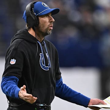 Jan 5, 2025; Indianapolis, Indiana, USA; Indianapolis Colts head coach Shane Steichen reacts to a call during the second half against the Jacksonville Jaguars at Lucas Oil Stadium. Mandatory Credit: Marc Lebryk-Imagn Images