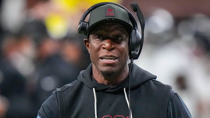 Nov 23, 2025; New Orleans, Louisiana, USA; Atlanta Falcons head coach Raheem Morris reacts on the sidelines during the second half against the New Orleans Saints at Caesars Superdome.