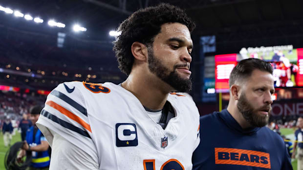Chicago Bears quarterback Caleb Williams reacts following the game against the Arizona Cardinals.