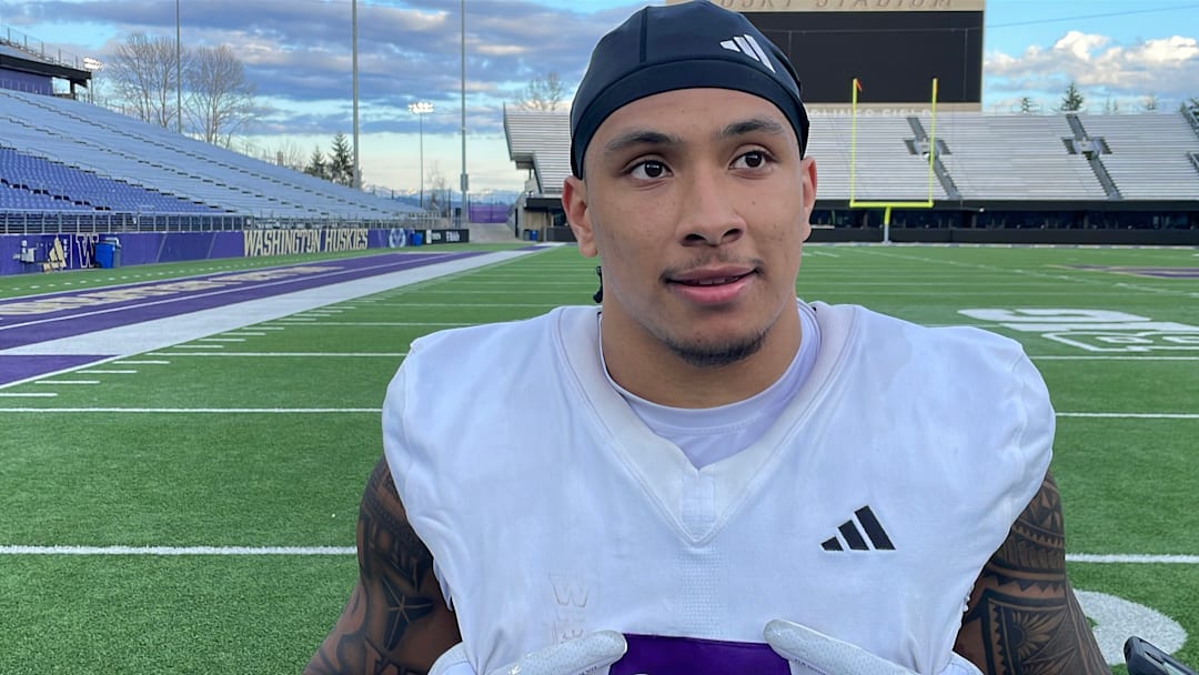 Jacob Manu met with the media after the first spring practice. 