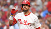 Aug 18, 2025; Philadelphia, Pennsylvania, USA; Philadelphia Phillies outfielder Kyle Schwarber (12) against the Seattle Mariners at Citizens Bank Park. Mandatory Credit: Eric Hartline-Imagn Images