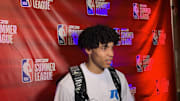 Indiana Pacers forward Enrique Freeman speaks with reporters after a 2024 summer league outing. (Mandatory Photo Credit: Tony East)