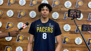 Indiana Pacers forward Enrique Freeman speaks to the media on July 6, 2024. (Mandatory Photo Credit: Pacers on SI)