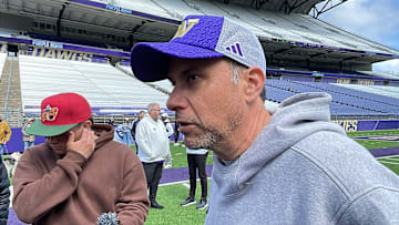Jedd Fisch addresses the media after Saturday's spring practice. 