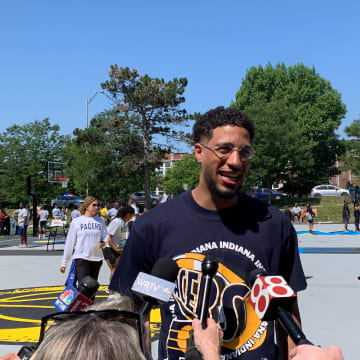 Indiana Pacers guard Tyrese Haliburton speaks with media members at a community event at Fall Creek and 30th Park on Friday, June 14, 2024. (Mandatory Photo Credit: Pacers on SI)