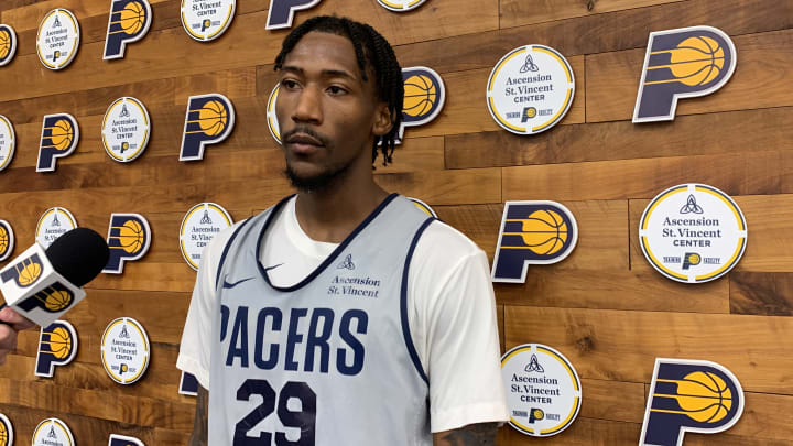 Indiana Pacers guard Quenton Jackson speaks with reporters after a 2024 summer league practice. (Mandatory Photo Credit: Pacers on SI)