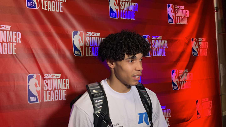 Indiana Pacers forward Enrique Freeman speaks with reporters after a 2024 summer league outing. (Mandatory Photo Credit: Tony East)