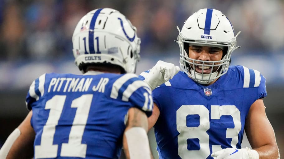 Indianapolis Colts tight end Kylen Granson (83) celebrates a play with Indianapolis Colts wide receiver Michael Pittman Jr. (11) on Sunday, Dec. 31, 2023, during a game against the Las Vegas Raiders at Lucas Oil Stadium in Indianapolis. | Robert Scheer/IndyStar / USA TODAY