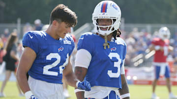 Bills defensive back Cole Bishop talks with Damar Hamlin between drills during day six of Buffalo Bills training camp at St. John Fisher University Tuesday, July 29, 2025 in Pittsford, NY.