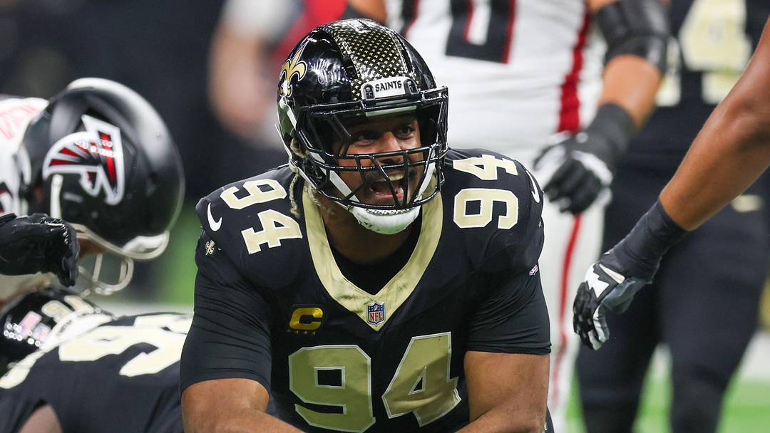 Nov 23, 2025; New Orleans, Louisiana, USA; New Orleans Saints defensive end Cameron Jordan (94) reacts after forcing a fumble against the Atlanta Falcons during the first half at Caesars Superdome. Mandatory Credit: Stephen Lew-Imagn Images