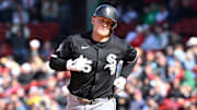 Chicago White Sox first baseman Andrew Vaughn (25) rounds the bases after hitting a two-run home run against the Boston Red Sox at Fenway Park. 