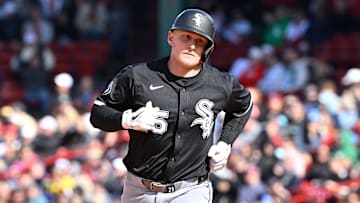 Chicago White Sox first baseman Andrew Vaughn (25) rounds the bases after hitting a two-run home run against the Boston Red Sox at Fenway Park. 