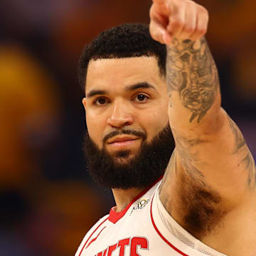 Apr 28, 2025; San Francisco, California, USA; Houston Rockets guard Fred VanVleet (5) points during the first quarter of game four of the 2025 NBA Playoffs first round against the Golden State Warriors at Chase Center. Mandatory Credit: Kelley L Cox-Imagn Images