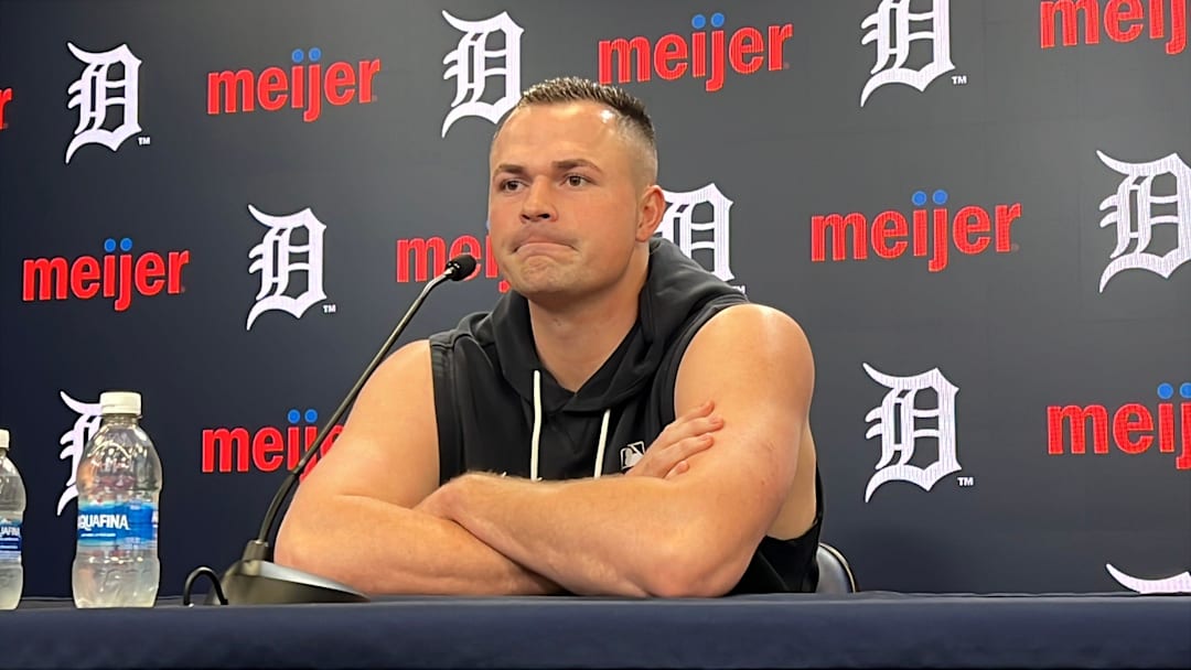 Detroit Tigers left-hander Tarik Skubal talks to reporters before a game against the Boston Red Sox on May 4, 2026, at Comerica Park in Detroit, Michigan.