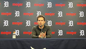Detroit Tigers president of baseball operations Scott Harris talks to reporters about trading for starting pitcher Chris Paddack on July 28, 2025, at Comerica Park in Detroit, Michigan.