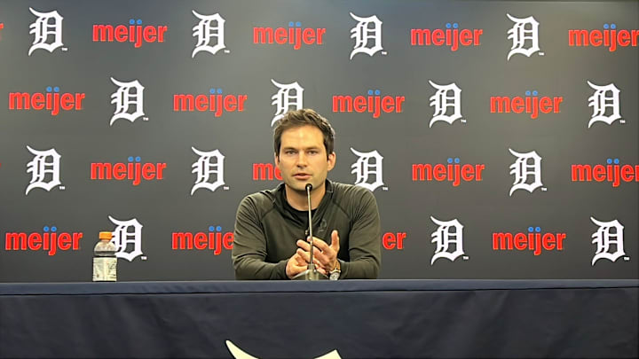 Detroit Tigers president of baseball operations Scott Harris talks to reporters about trading for starting pitcher Chris Paddack on July 28, 2025, at Comerica Park in Detroit, Michigan.