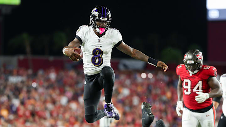 Jackson accounted for five touchdowns and 333 yards of offense in Baltimore’s 41–31 win over Tampa Bay on Monday. Jackson accounted for five touchdowns and 333 yards of offense in Baltimore’s 41–31 win over Tampa Bay on Monday.