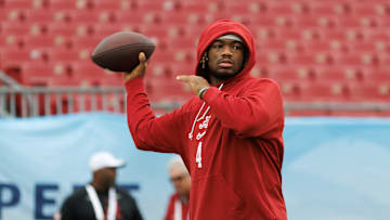 Dec 31, 2024; Tampa, FL, USA; Alabama Crimson Tide quarterback Jalen Milroe (4) throws the ball before a game against the Michigan Wolverines at Raymond James Stadium. Mandatory Credit: Matt Pendleton-Imagn Images