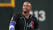 Sep 17, 2025; Phoenix, Arizona, USA; Arizona Diamondbacks second base Ketel Marte (4) reacts against the San Francisco Giants in the first inning at Chase Field. Mandatory Credit: Rick Scuteri-Imagn Images