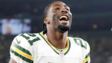 Sep 11, 2025; Green Bay, Wisconsin, USA;  Green Bay Packers cornerback Nate Hobbs (21) celebrates after defeating the Washington Commanders at Lambeau Field.