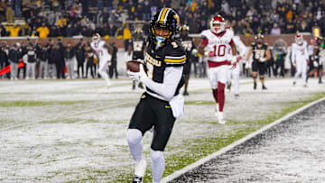 Nov 30, 2024; Columbia, Missouri, USA; Missouri Tigers wide receiver Luther Burden III (3) catches a pass for a two point conversion against the Arkansas Razorbacks during the second half at Faurot Field at Memorial Stadium. Mandatory Credit: Denny Medley-Imagn Images