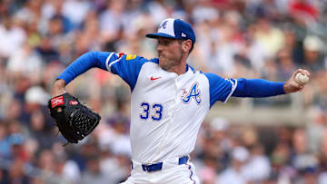 Jul 19, 2025; Atlanta, Georgia, USA; Atlanta Braves starting pitcher Joey Wentz (33) throws against the New York Yankees in the first inning at Truist Park. Mandatory Credit: Brett Davis-Imagn Images

