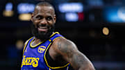 Mar 26, 2025; Indianapolis, Indiana, USA; Los Angeles Lakers forward LeBron James (23) in the first half Indiana Pacers at Gainbridge Fieldhouse. Mandatory Credit: Trevor Ruszkowski-Imagn Images