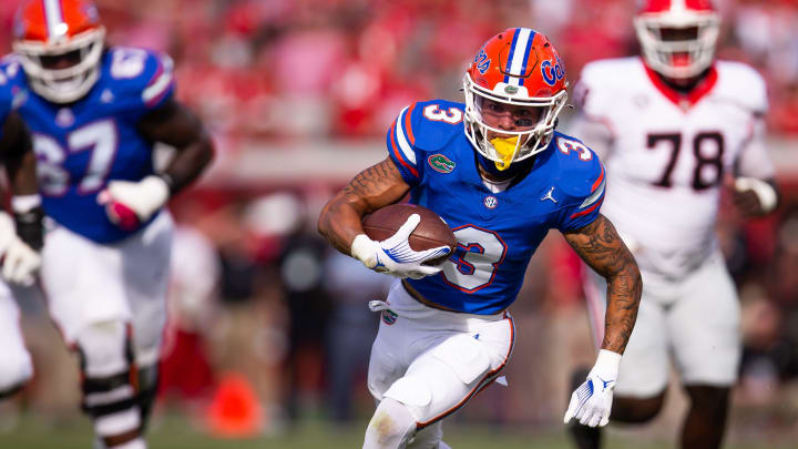 Florida Gators wide receiver Eugene Wilson III (3) runs for the end zone for a first quarter touchdown against the Georgia Bulldogs at Everbank Stadium in Jacksonville, FL on Saturday, October 28, 2023. [Doug Engle/Gainesville Sun]