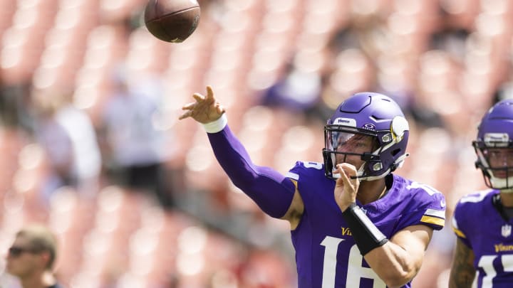 Aug 17, 2024; Cleveland, Ohio, USA; Minnesota Vikings quarterback Jaren Hall (16) throws the ball during warm ups before the game against the Cleveland Browns at Cleveland Browns Stadium.