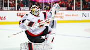 Dec 19, 2024; Calgary, Alberta, CAN; Ottawa Senators goaltender Linus Ullmark (35) celebrates after defeating Calgary Flames at Scotiabank Saddledome. Mandatory Credit: Sergei Belski-Imagn Images