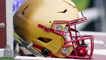 Sep 14, 2024; Columbia, Missouri, USA; A general view of a Boston College Eagles helmet against the Missouri Tigers during the first half at Faurot Field at Memorial Stadium. Mandatory Credit: Denny Medley-Imagn Images