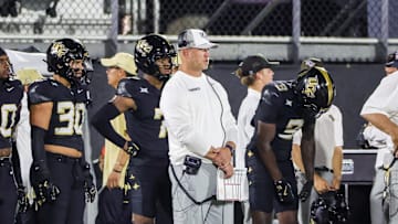 Sep 6, 2025; Orlando, Florida, USA; UCF Knights head coach Scott Frost looks on during the second half against the North Carolina A&T Aggies at Acrisure Bounce House. Mandatory Credit: Mike Watters-Imagn Images