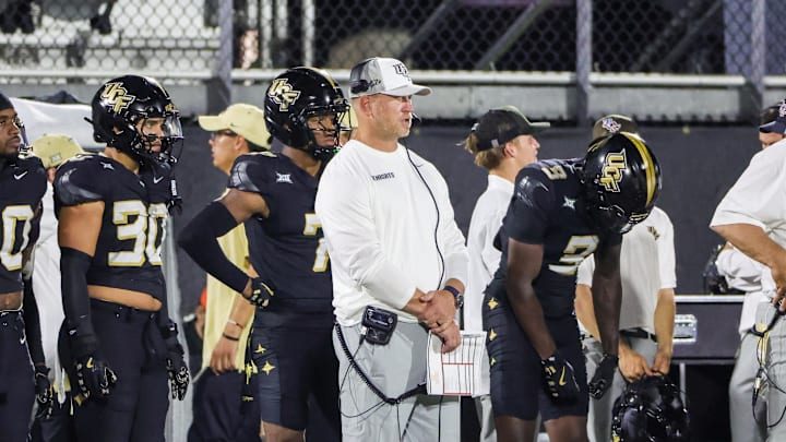 Sep 6, 2025; Orlando, Florida, USA; UCF Knights head coach Scott Frost looks on during the second half against the North Carolina A&T Aggies at Acrisure Bounce House. Mandatory Credit: Mike Watters-Imagn Images