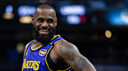 Mar 26, 2025; Indianapolis, Indiana, USA; Los Angeles Lakers forward LeBron James (23) in the first half Indiana Pacers at Gainbridge Fieldhouse. Mandatory Credit: Trevor Ruszkowski-Imagn Images