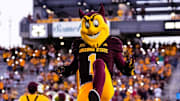 Aug 30, 2025; Tempe, Arizona, USA; Sparky the Sun Devil takes the field pregame between Arizona State Sun Devils and Northern Arizona Lumberjacks at Mountain America Stadium. Mandatory Credit: Arianna Grainey-Imagn Images